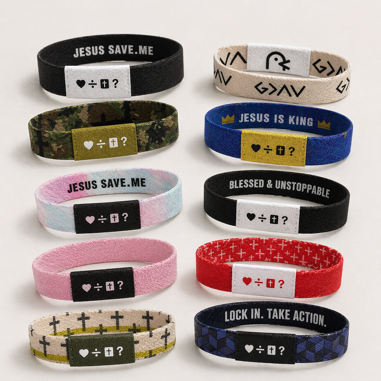 Ten custom NFC wristband designs laid flat